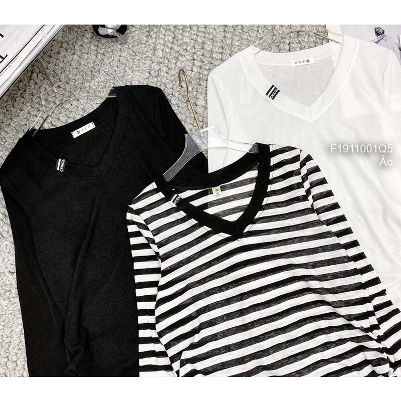 Áo thun giấy dài tay cổ V tem chữ TT1911