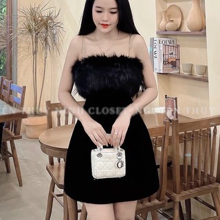 Đầm nhung hai dây sexy phối bèo lông cực tôn dáng sang chảnh cho nàng đi chơi dự tiệc sang chảnh đầm váy nữ đầm dự tiệc