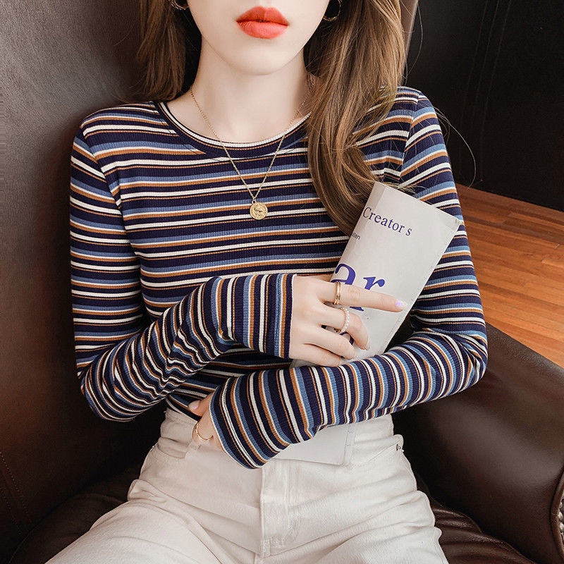 Áo Thun Tay Dài Dáng Ôm Họa Tiết Kẻ Sọc Màu Sắc Tương Phản Thời Trang Xuân Thu  Có Size Lớn Cho Nữ