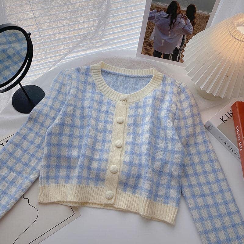 Áo crotop cardigan len kẻ caro ô vuông