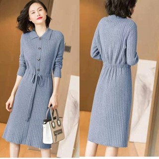 [Hot trong kho] Váy dệt kim dài tay cotton mỏng mùa thu 2022, váy len hàn quốc, váy dệt kim sọc ngang eo thon dài