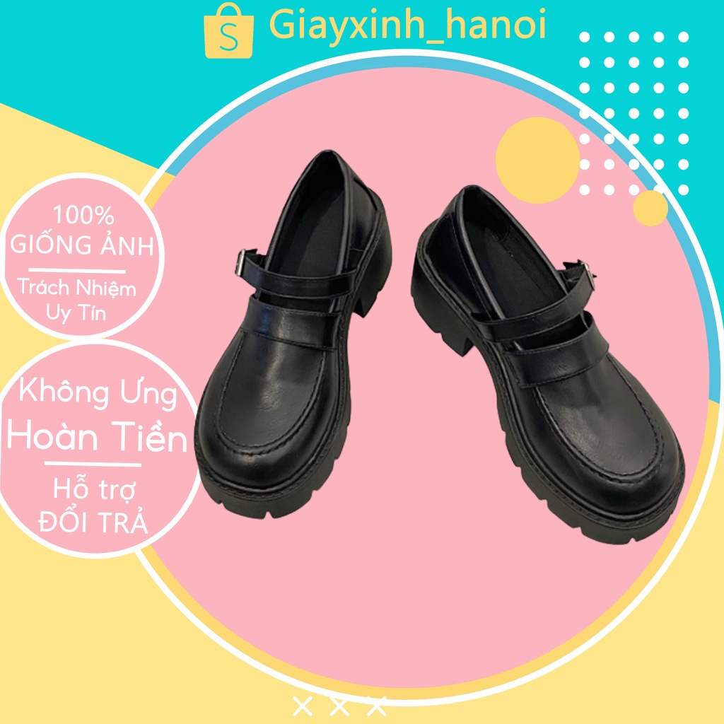 Giày Búp Bê Đế Bằng Mũi Tròn Màu Trơn, Giày da đế dày mũi tròn phong cách Nhật Bản retro
