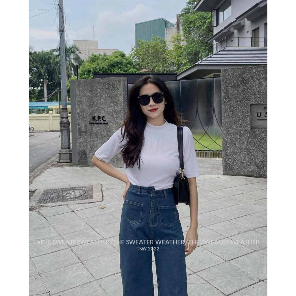 Quần jean nữ ống rộng lưng cao cạp chéo dáng suông ulzzang quần bò ống đứng vải dày đẹp túi trước cao cấp hàn quốc
