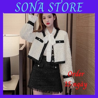 Set dạ tweed nữ tiểu thư mùa đông bigsize áo khoác chân váy xếp ly eo cao sang chảnh bánh bèo hàng quảng châu cao cấp