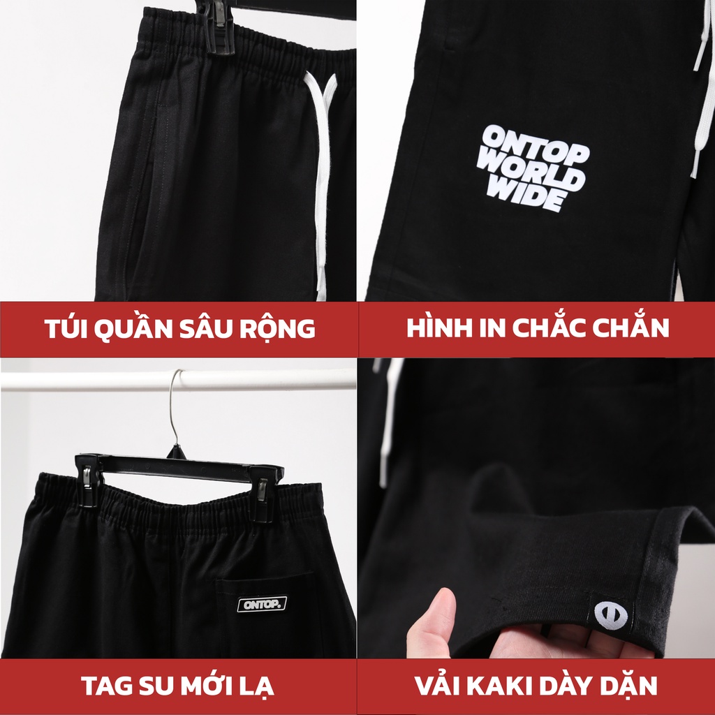 Quần short nam kaki lưng thun màu đen Basic Logo local brand ONTOP | O18-Q5