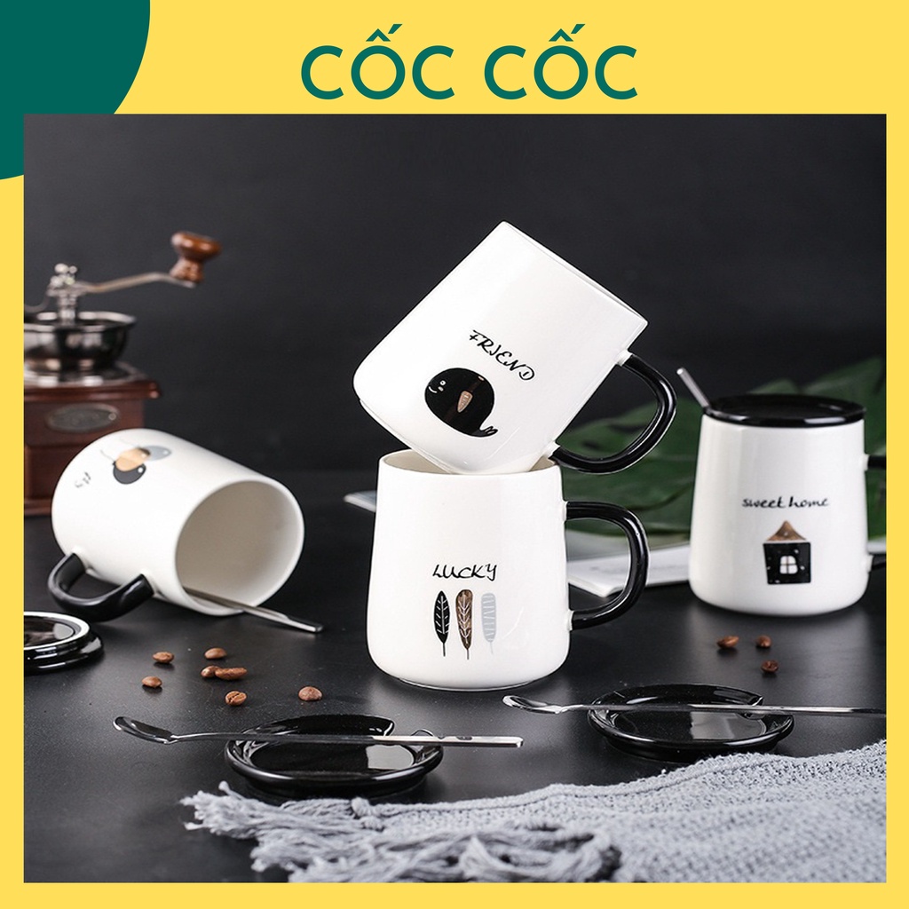 Cốc ly sứ trắng hoạt tiết tây âu LUCKY FRIEND có nắp tặng kèm thìa Cốc Cốc 420ml uống nước pha trà cà phê quà tặng