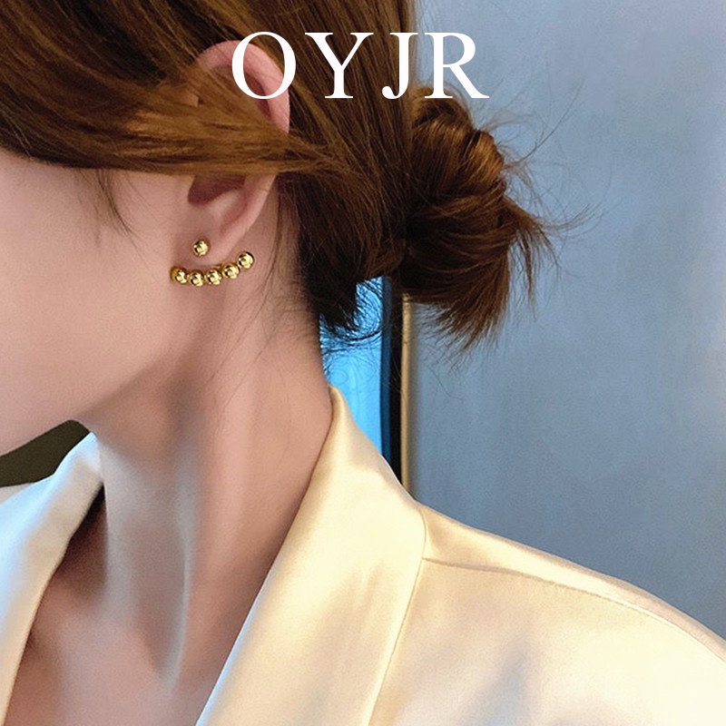 Khuyên tai OYJR bằng titan hình hạt tròn màu vàng có 2 cách đeo phong cách Hàn Quốc thời trang thanh lịch cho nữ