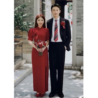 Đầm Đỏ Cổ Tàu Suông Dài Nút Bọc Cháy Hàng