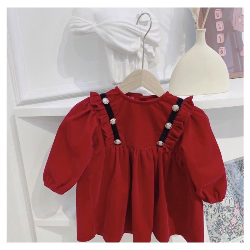 Đầm nhung tăm đỏ hoa lụa dài tay cho bé