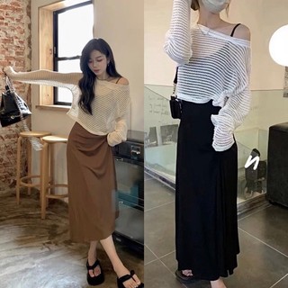 Set đầm 2s trơn xoè nhẹ kèm áo lưới croptop tay dài 2 màu freesize Pumi 14347