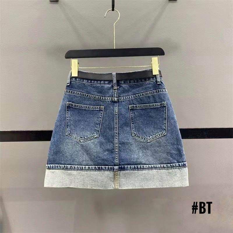 Chân váy jeans gập gấu kèm đai hàng QCL1