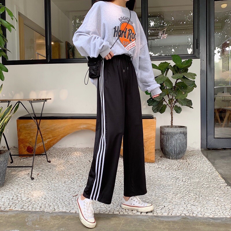 Quần ống rộng thể thao nam nữ 3 sọc dáng rộng dài viền kẻ sọc trắng có dây rút kéo unisex