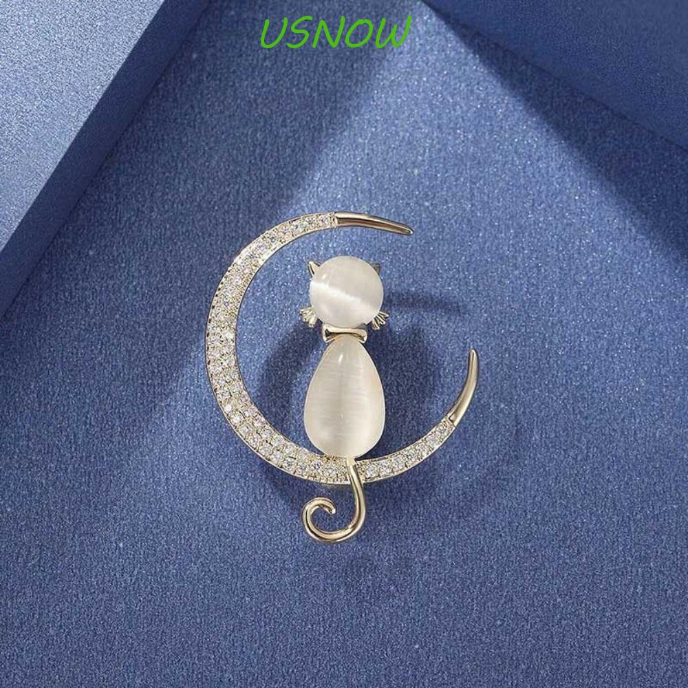 Trâm Cài Áo Hình Mèo Và Mặt Trăng Đính Đá Opal Dễ Thương|Ghim Cài Áo Nữ