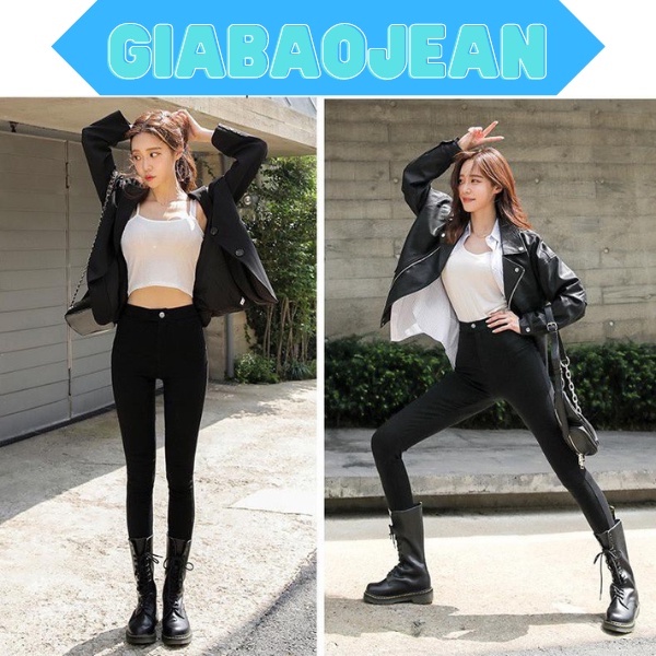 Quần tregging nữ lưng cạp cao dài dáng thun ôm bó legging skinny vải giữ nhiệt màu đen - Quần bò jean nữ dáng đẹp
