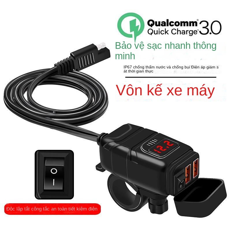Cục Sạc Nhanh QC3.0 Hai Cổng USB Có Vôn Kế Cho Xe Máy Bộ sạc