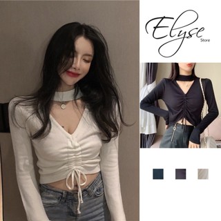 [ XẢ Kho] Áo croptop len dệt kim tay dài cổ chữ V thiết kế rút dây quyến rũ sexy cho nữ G-5 CS