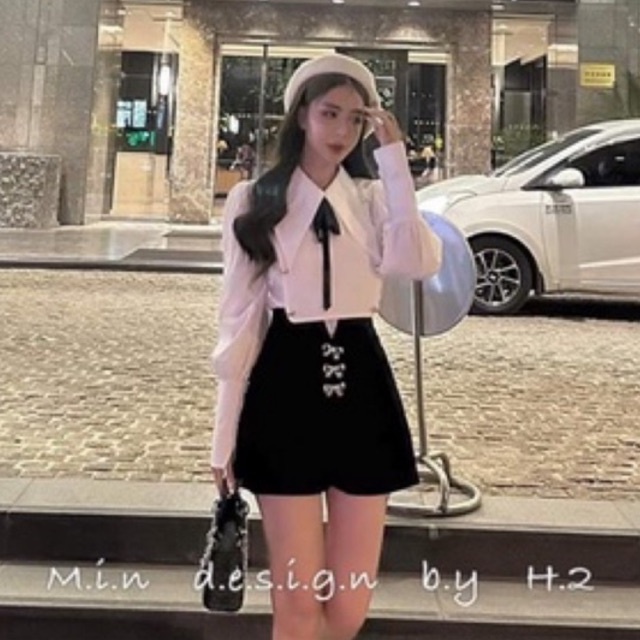 Set áo sơ mi phối quần nhung, sét áo sơ mi dài tay phối quần đùi nhung tiểu thư