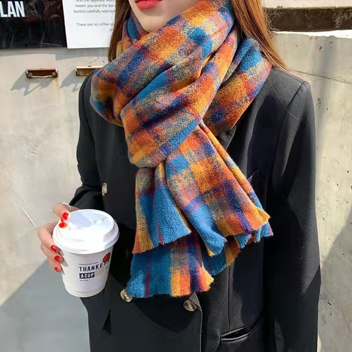 Khăn Choàng Cổ Dệt Kim Dày Dặn Họa Tiết Kẻ Sọc Kiểu Retro Hàn Quốc Thời Trang Thu Đông Cho Nữ