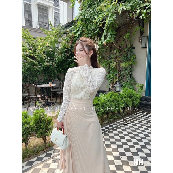 SET ÁO SƠ MI REN NƠ ĐÁ VÀ CHÂN VÁY DẬP LY DÀI