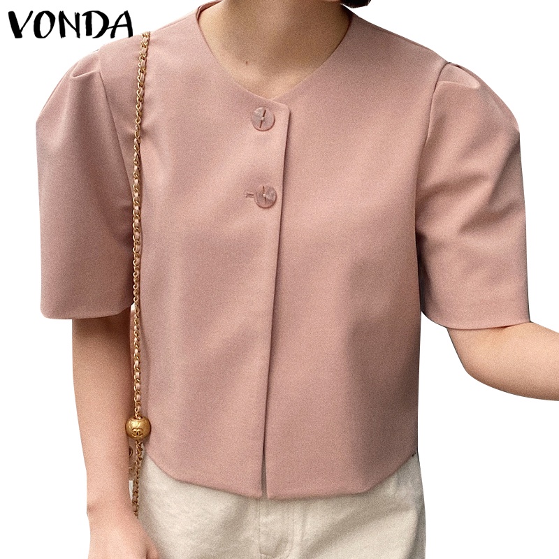 Áo khoác blazer VONDA tay ngắn cổ tròn màu trơn cài khuy phong cách Hàn Quốc dễ thương