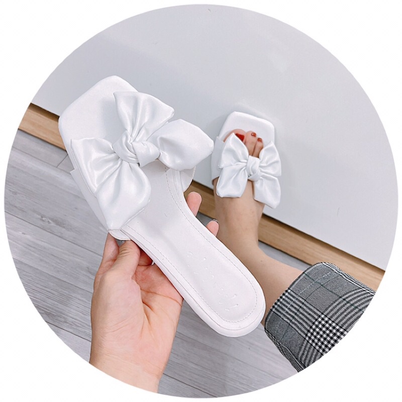 Dép nữ cao gót quai nơ da lì gót vuông 4cm