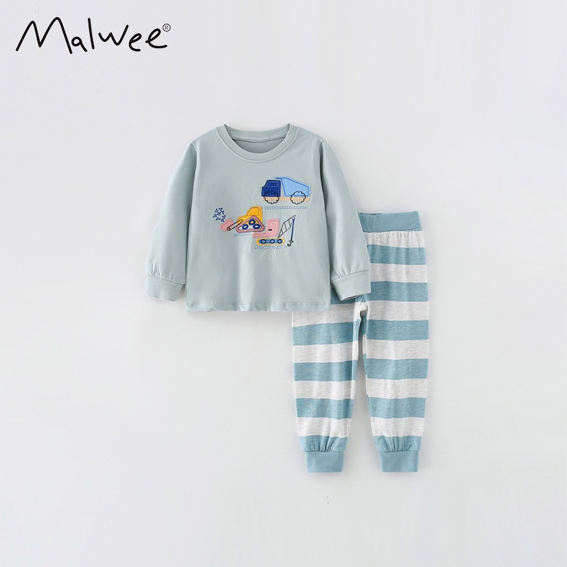 Mã 7896 bộ dài tay máy xúc hình xe tải máy xúc phối quần sọc xanh của Malwee cho bé trai
