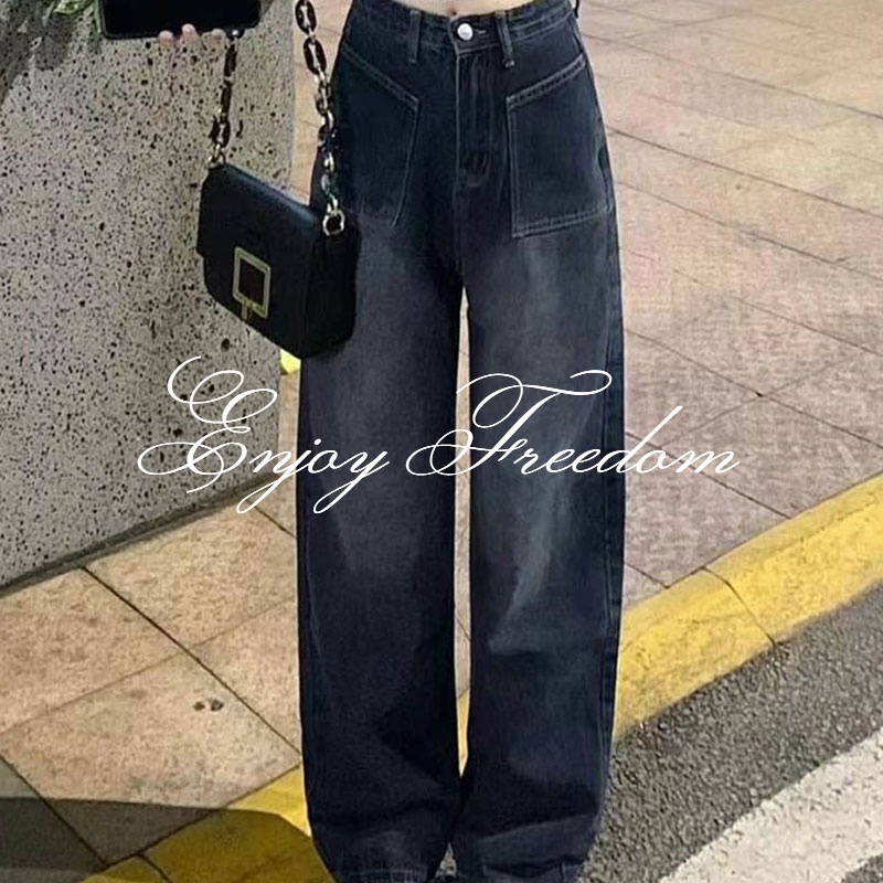 Enjoy Freedom Quần Jean Dài Ống Rộng Lưng Cao Kiểu Vintage Cá Tính Cho Nữ