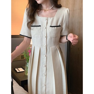(ORDER) Váy cộc tay phối viền đen túi trước ngực, thon eo xòe dài xếp ly sang trọng Hàn Quốc (hàng QC loại 1)