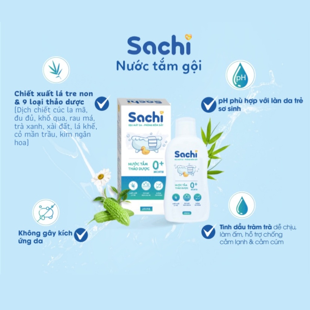 Nước Tắm Thảo Dược An Toàn Cho Bé SACHI Chai 250ml Làm Sạch Nhẹ Nhàng Diu Mát Da, Ngăn Ngừa Mảng Bám Da Đầu