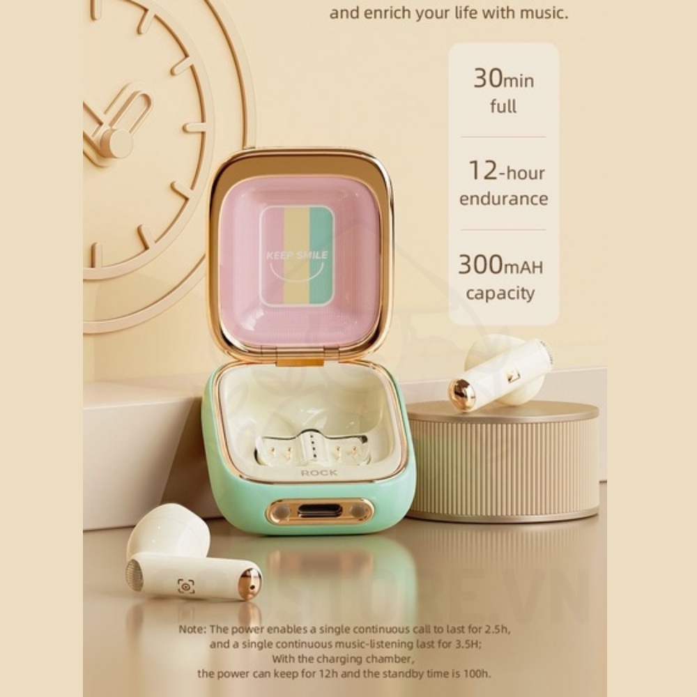 Tai Nghe Không Dây Bluetooth  Rock Retro Style True Wireless Stereo Rockspace Nghe 12H - Chính Hãng BH 12T