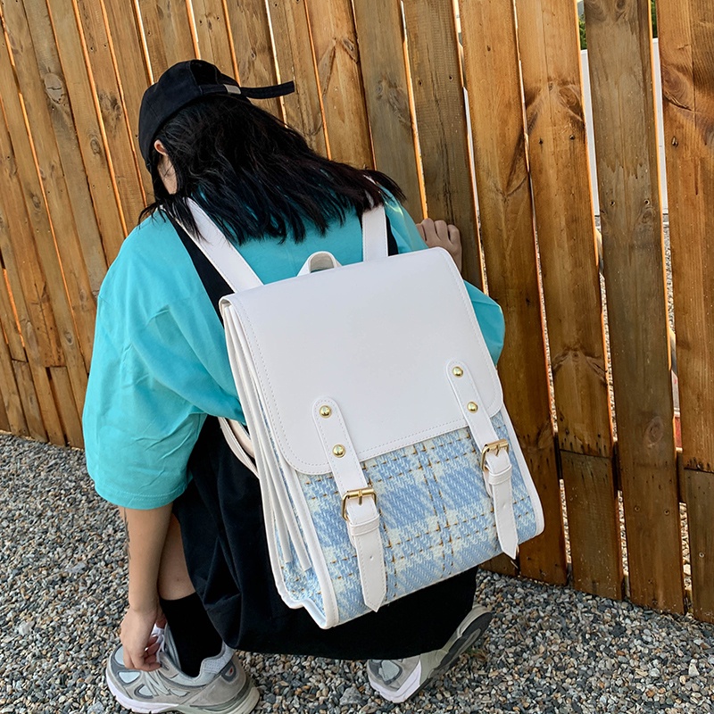 Balo Da Pu Đi Học Cho Nữ Màu Đen Trắng Xanh Phong Cách Vintage Hàn Quốc Cặp Sách Da Kẻ Hình Hộp Chữ Nhật Tiểu Thư Xinh