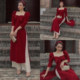 Set áo dài cổ u nơ kèm quần ống rộng