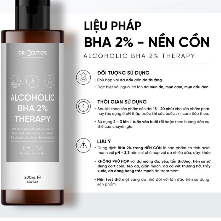 Nước Cân Bằng DrCeutics Alcoholic BHA 2% Therapy Toner Cho Da Dầu, Làm Sạch Sâu