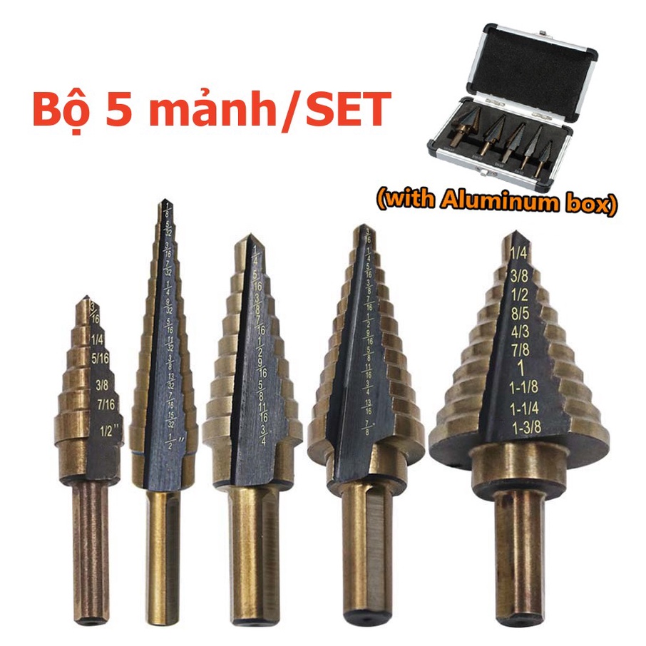 Bộ 5 mũi khoan bước công nghê hệ inch thép HSS cô ban hộp nhôm