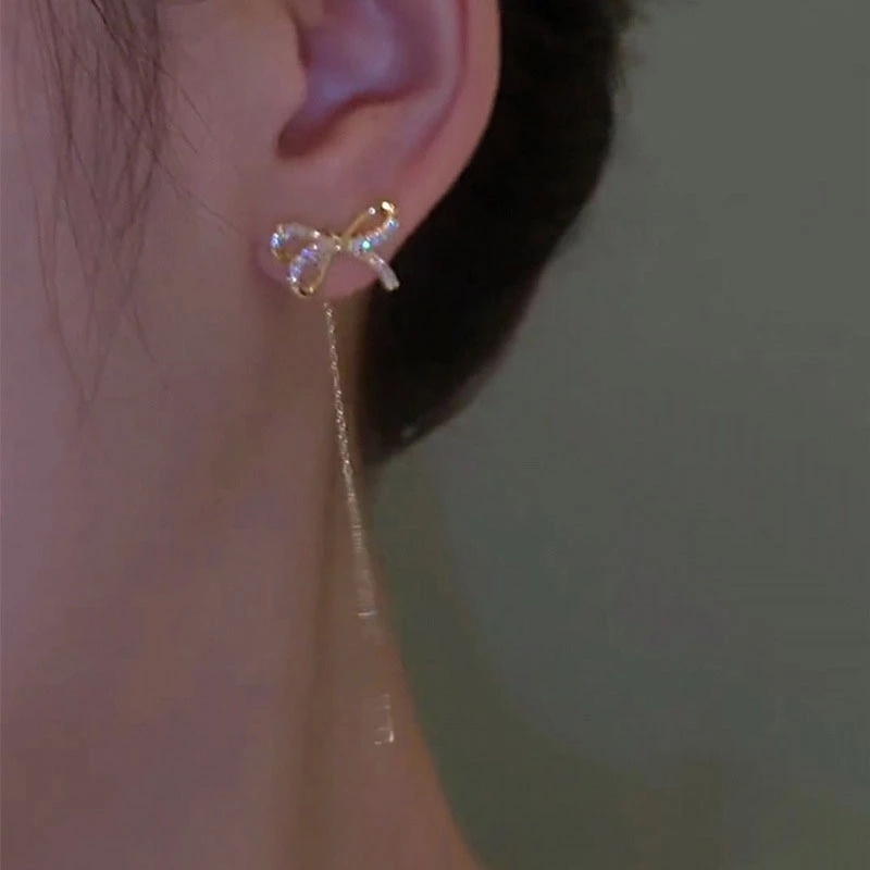 Bông Tai Dáng Dài Đính Đá Zircon Phối Tua Rua Thời Trang Ngọt Ngào Cho Nữ