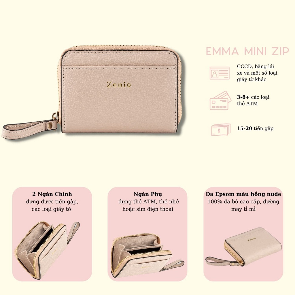 Ví Nữ Emma Mini Zip Da Epsom Màu Hồng Nude - Ví Cầm Tay Nữ Thời Trang, Nhiều Ngăn Zenio