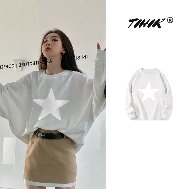 Áo hoodie Tihik tay dài dáng rộng họa tiết ngôi sao năm cánh phong cách Hàn Quốc đơn giản thời trang