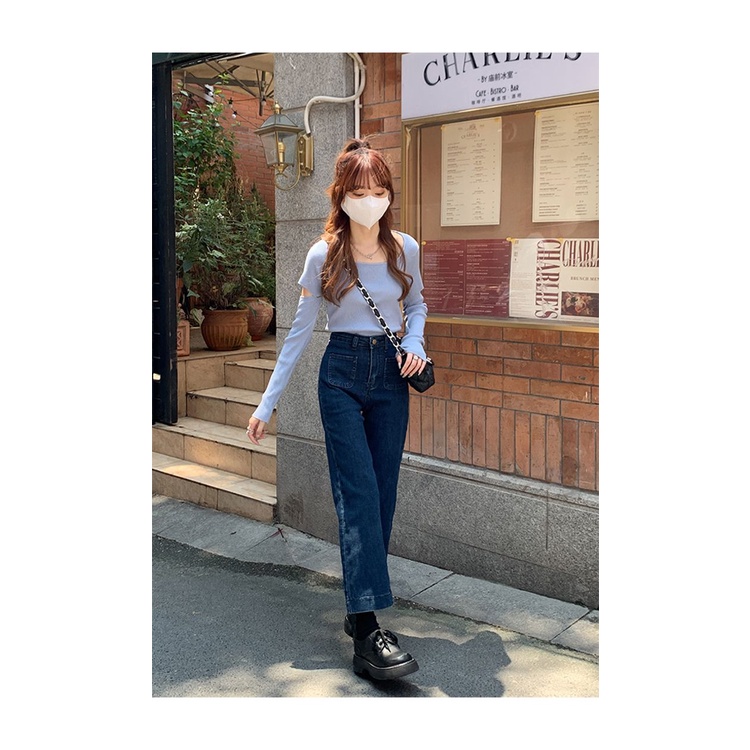Quần Jean Dài Lưng Cao Dáng Ôm Phối Túi Màu Xanh Dương Đậm Phong Cách Retro Dành Cho Nữ