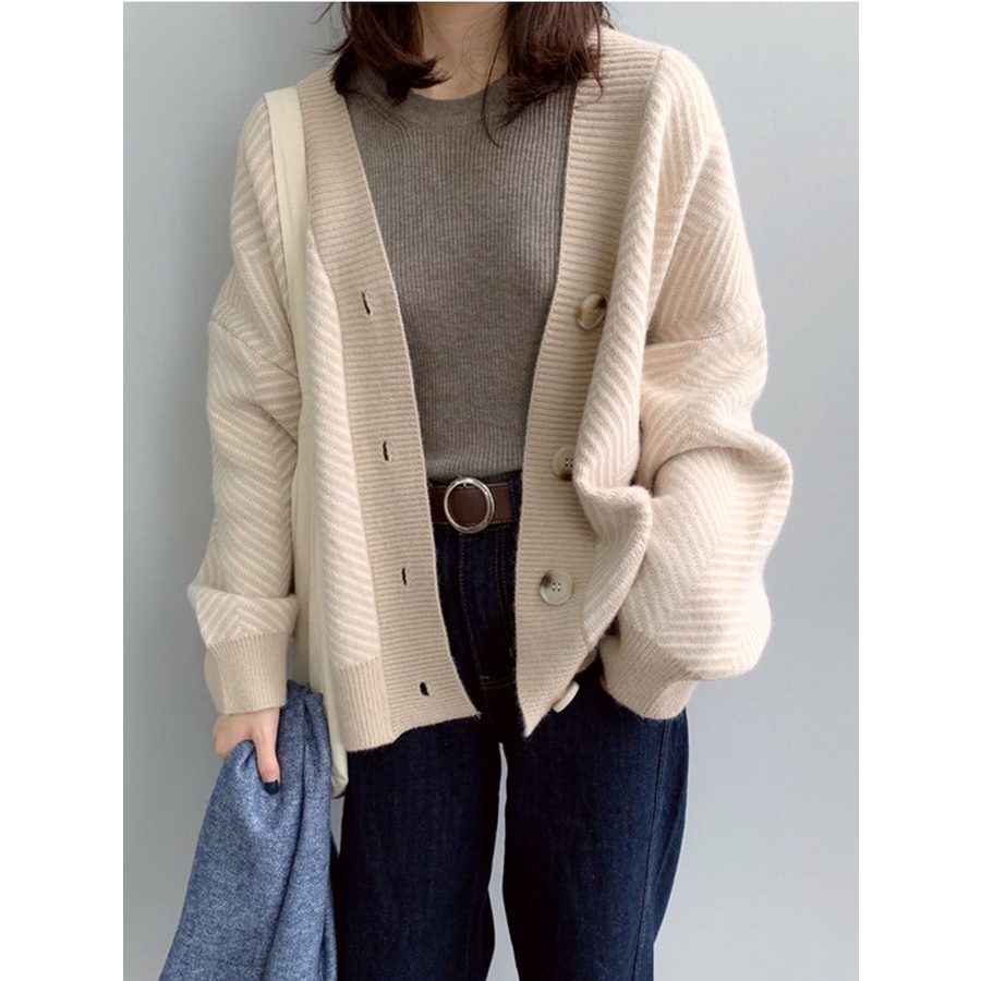 Áo Khoác Cardigan Len Dáng Rộng Họa Tiết Xương Cá - Hàng Quảng Châu