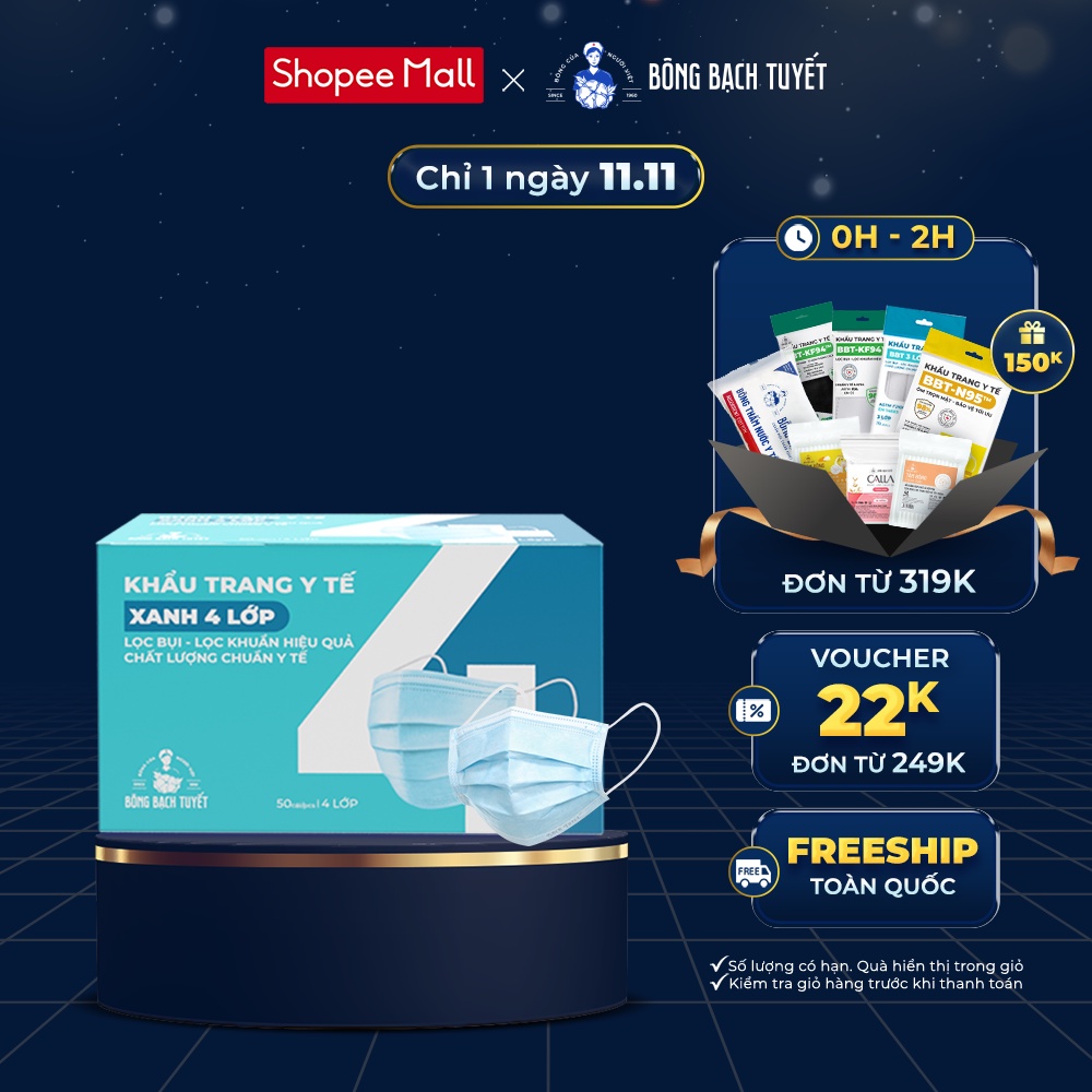 Khẩu trang Bông Bạch Tuyết 4 lớp xanh (50 cái/hộp)