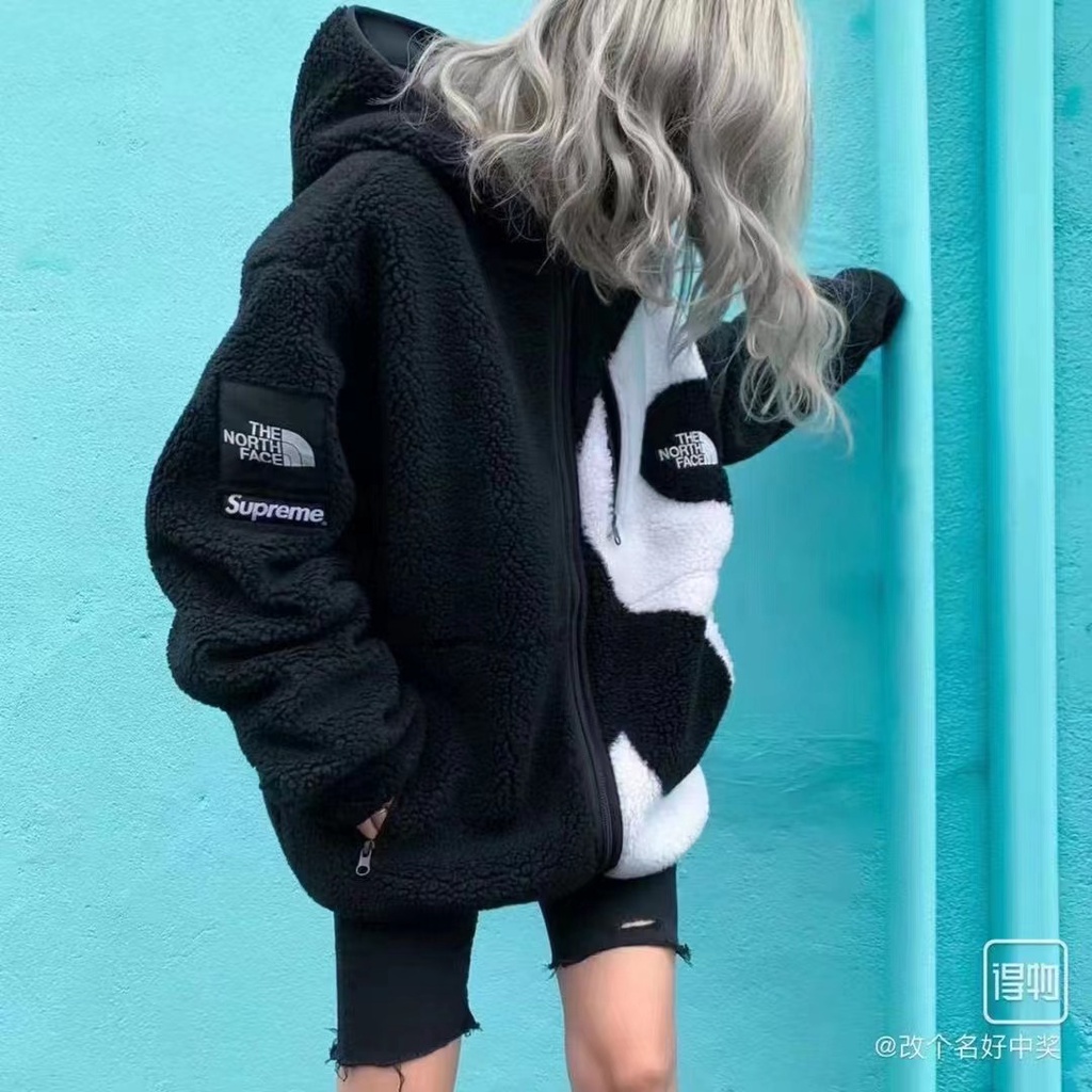 Tnf Áo Hoodie Supreme Tay Dài Vải Lông Cừu Phối Khóa Kéo Cá Tính
