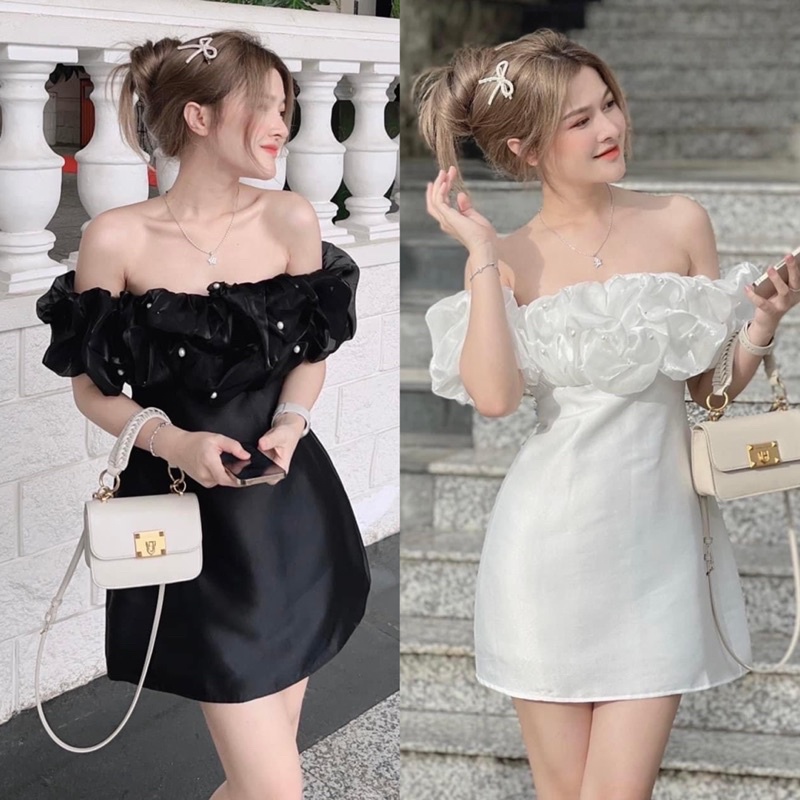 Đầm dự tiệc bẹt vai đính hạt siêu hot