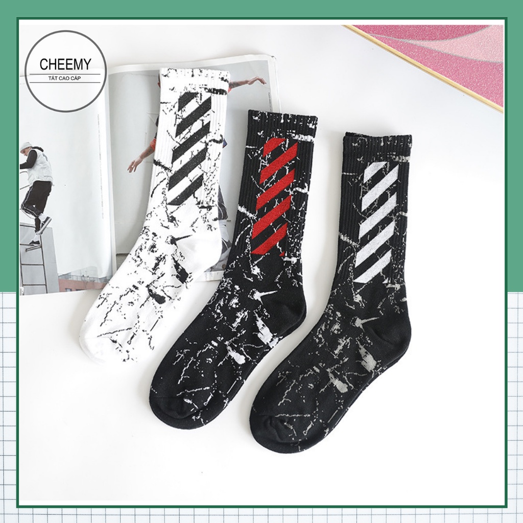 Tất vớ nam nữ cổ cao đen trắng cẩm thạch họa tiết offwhite sọc chéo