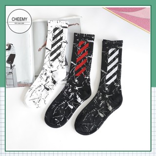 Tất vớ nam nữ cổ cao đen trắng cẩm thạch họa tiết offwhite sọc chéo