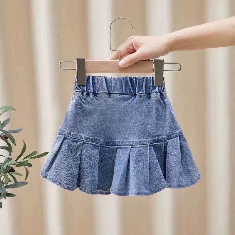 Chân váy jean bé gái có quần bảo hộ, chân váy xếp ly bé gái form 10-30kg