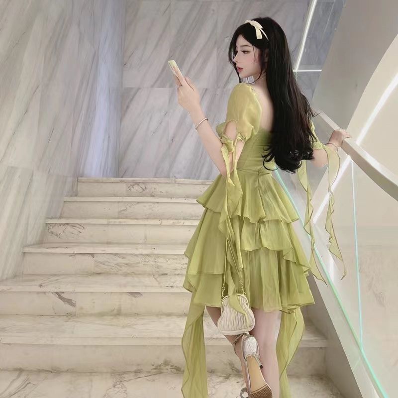 IELGY IELGY Đầm Cổ Vuông Nhấn Eo Nhún Bèo Thời Trang Cho Nữ