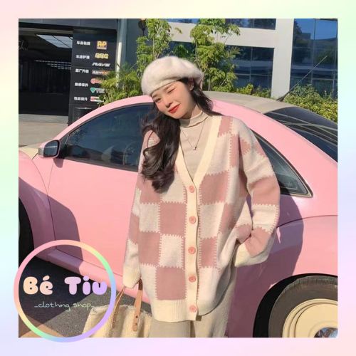 Áo Khoác Cardigan Len Ca Rô Phối 2 Màu Cá Tính Tay Dài Cổ V Thời Trang Nữ Hàn Quốc | Bé Tiu Clothing