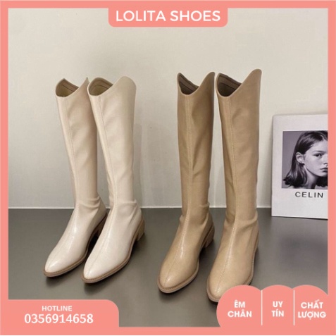 Giày boot nữ cổ cao chất liệu da mềm lót nỉ mỏng bốt nữ cao cổ đế 3 cm khóa kéo sau