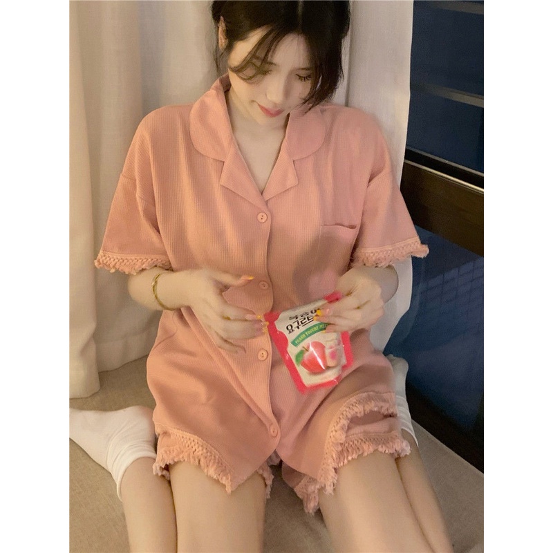 Bộ Đồ Ngủ Ngắn Tay Dáng Rộng Mỏng Màu Hồng Ngọt Ngào Phong Cách Hàn Quốc Mùa Hè Hàng Mới Dành Cho Bạn Nữ Mặc Ở Nhà O0XY