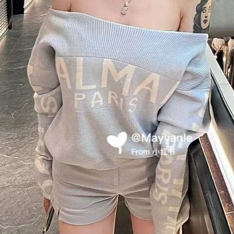 Balmain French hot girl temperament slimming sexy all-match 2022 autumn new one-character shoulder letter jacquard pullover sweater